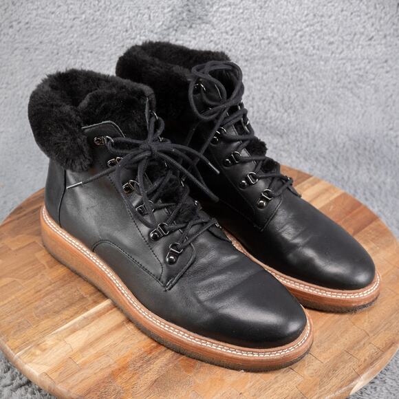 Botkier Winter Boots Black Leather Faux Fur Trim Round Toe Lace Up Size 10 M - Picture 1 of 8